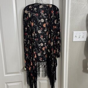 Torrid Black Floral Kimono with Fringe